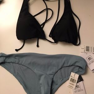RIPCURL Bikini: Black halter top and blue bottoms